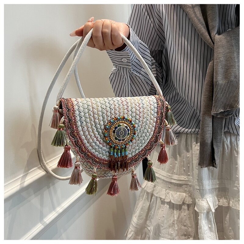 Crossbody Woven Straw Bag Manufacturer - Bohemian Style Lady Tassels Envelope Closure Zipper Button Decoration Polyester Lining for Vacation