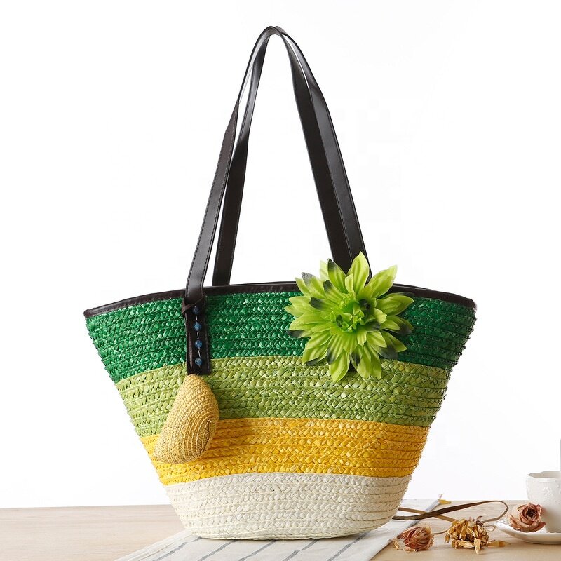 Straw Bags Manufacturer - 2022 New Color Fashion Striped Flowers Beach Women Handbags