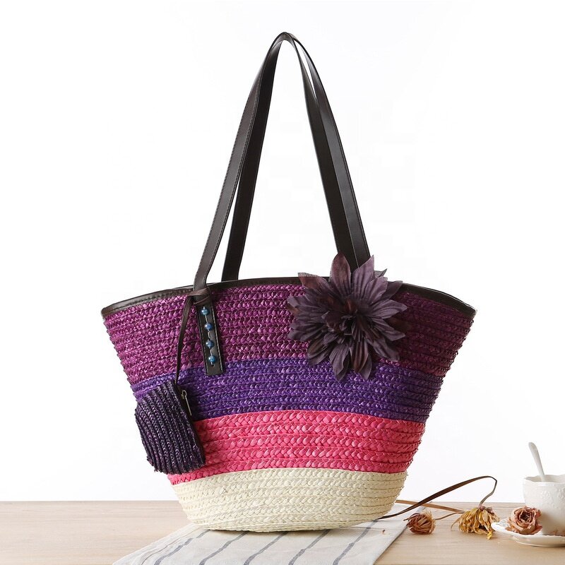 Straw Bags Manufacturer - 2022 New Color Fashion Striped Flowers Beach Women Handbags