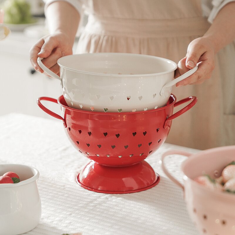 Fruit Basket Manufacturer - Galvanized Metal Round Kitchen Colander with Colorful Punching Holes & Enamel Handle for Washing