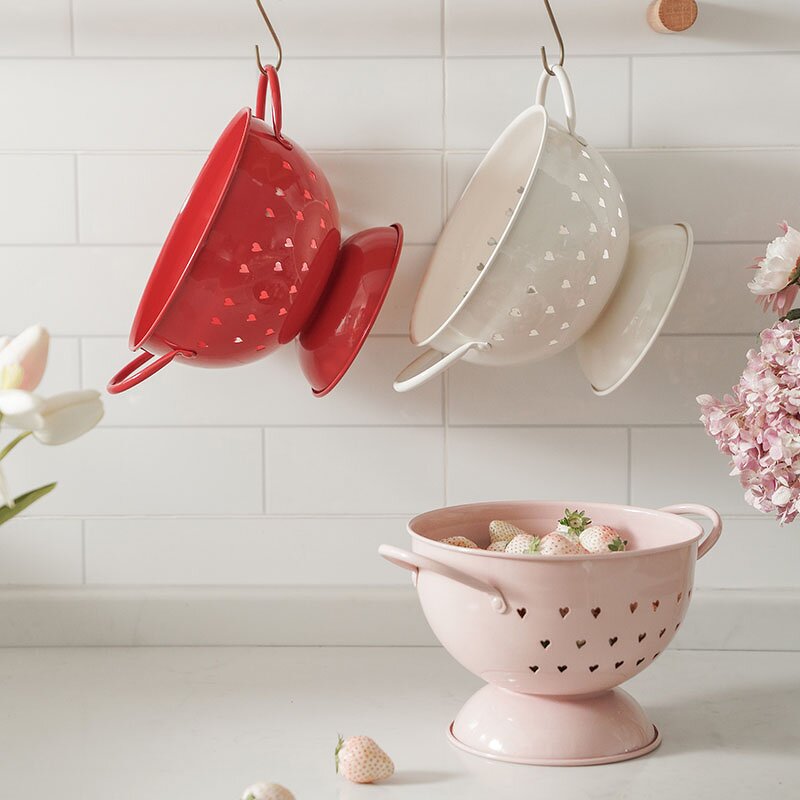 Fruit Basket Manufacturer - Galvanized Metal Round Kitchen Colander with Colorful Punching Holes & Enamel Handle for Washing