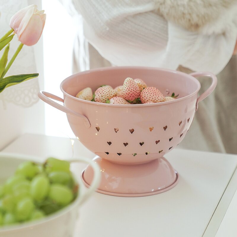 Fruit Basket Manufacturer - Galvanized Metal Round Kitchen Colander with Colorful Punching Holes & Enamel Handle for Washing