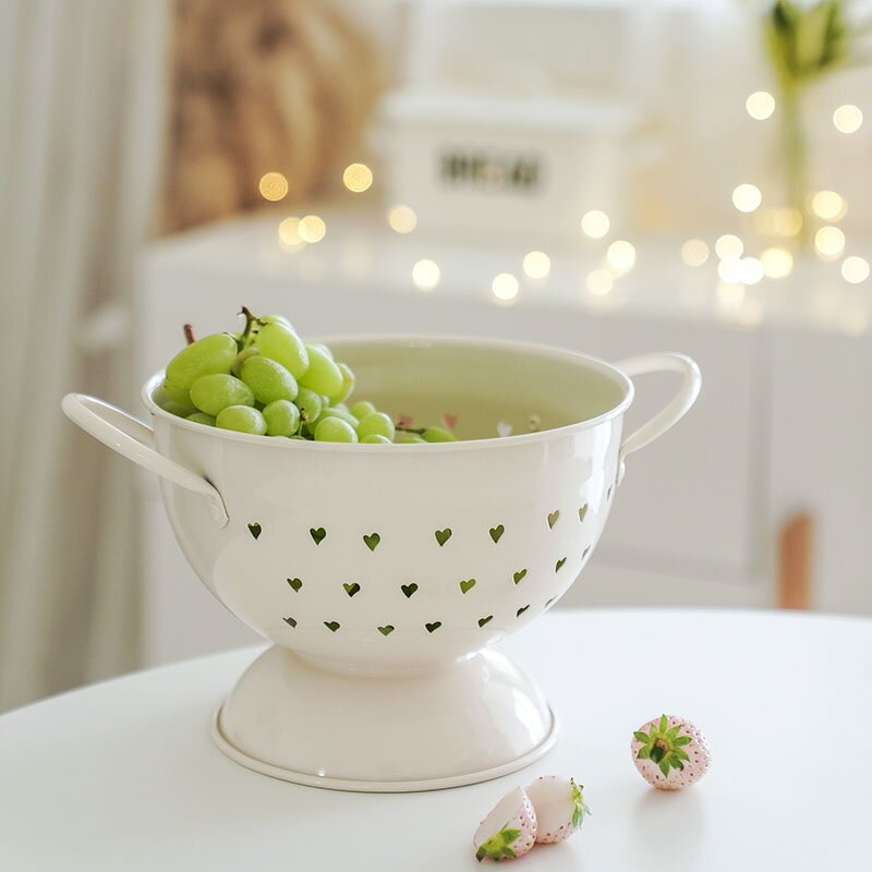 Fruit Basket Manufacturer - Galvanized Metal Round Kitchen Colander with Colorful Punching Holes & Enamel Handle for Washing