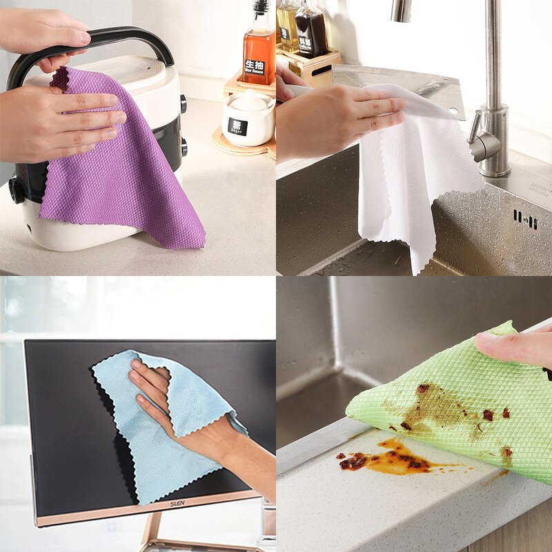Microfiber Cloth Manufacturer - Roll Shaped Fish Scale Hand Torn Thick Style Glass Kitchen Lazy Dishwashing for Water Stains