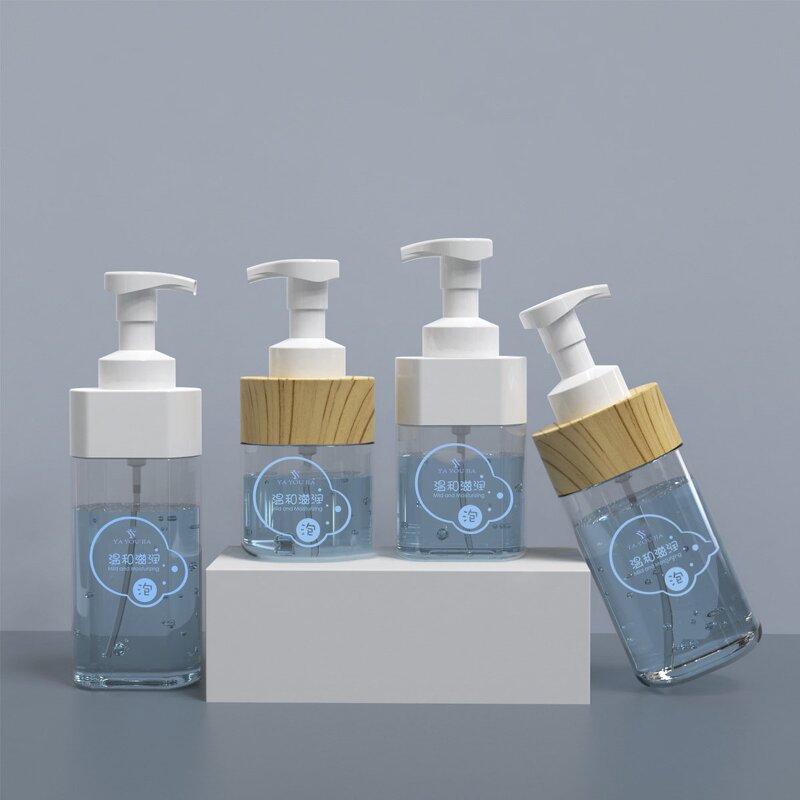 Foam Bottle Manufacturer - Deluxe 300ml 500ml PET Clear Hand Sanitizer with Wood Grain Pump Head Flat Mousse Foam Sealing