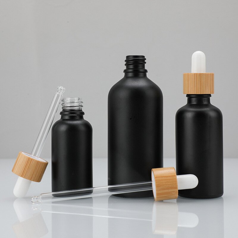 Glass Essential Oil Bottle Manufacturer - 15ml 30ml 50ml 100ml Black Matte Glass Dropper with Black Bamboo and Natural