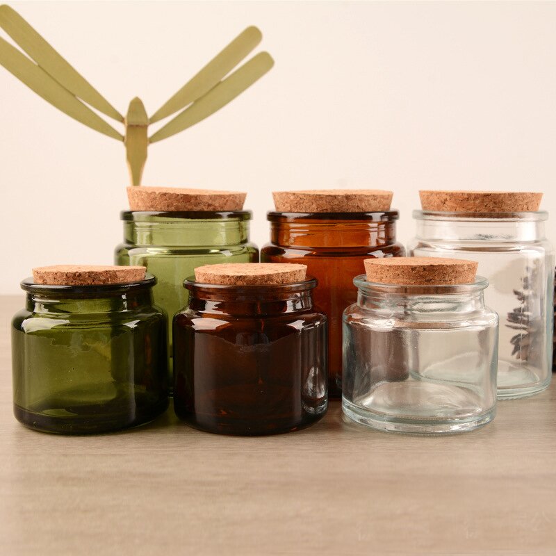 Candle Glass Jar Manufacturer - Factory Sale Luxury 100ml 220ml 330ml Amber Brown Unique Cylinder Shape Green Cork Sealing