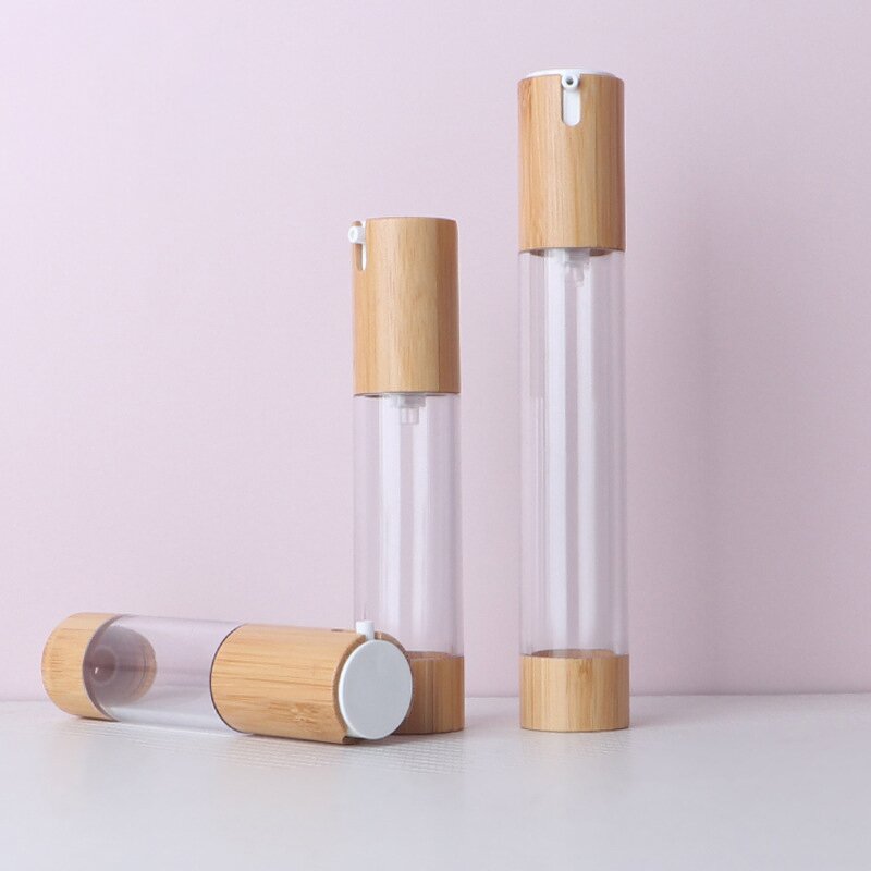 Lotion Cream Bottle Manufacturer - Stock U-Shaped 15/20/30ml Wood Emulsion Vacuum Press Type Airless Pump Bamboo with Logo