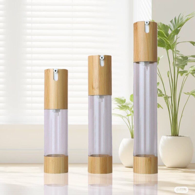 Lotion Cream Bottle Manufacturer - Stock U-Shaped 15/20/30ml Wood Emulsion Vacuum Press Type Airless Pump Bamboo with Logo