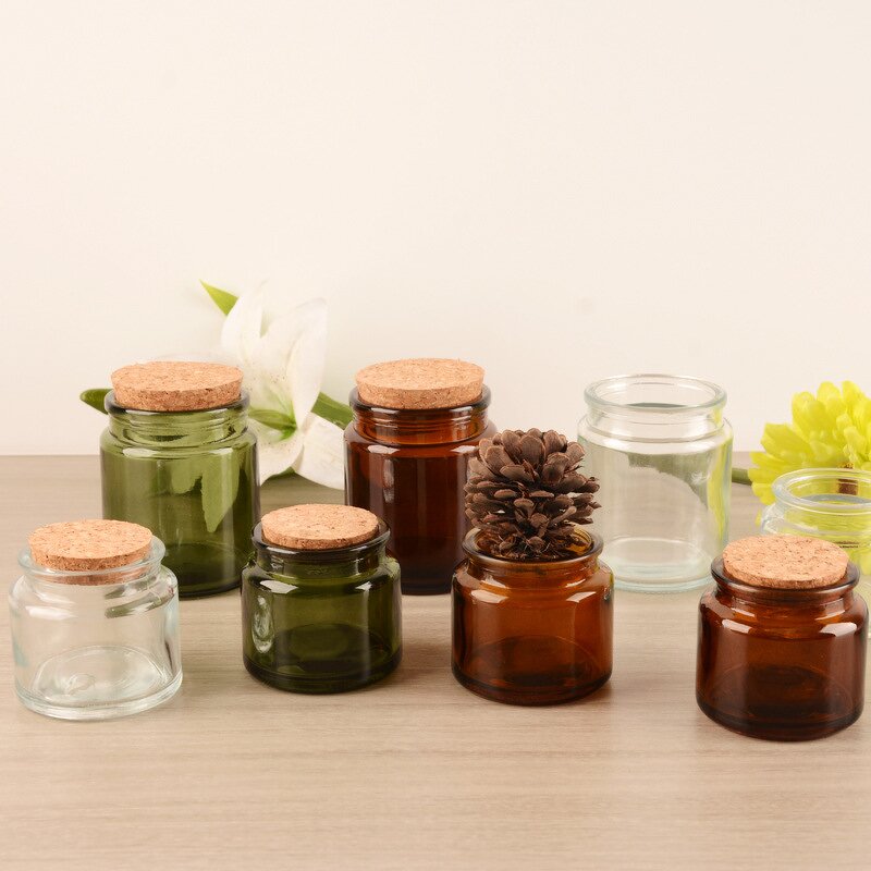 Candle Glass Jar Manufacturer - Factory Sale Luxury 100ml 220ml 330ml Amber Brown Unique Cylinder Shape Green Cork Sealing