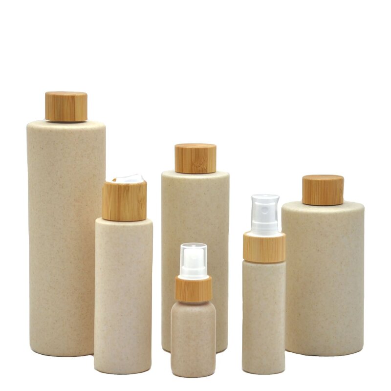 Cosmetic Container Manufacturer - Eco-friendly Biodegradable 300ml 500ml Wheat Straw HDPE Plastic Shampoo Bamboo Lid Matte