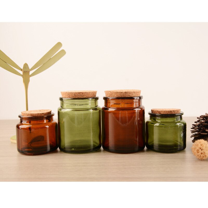 Candle Glass Jar Manufacturer - Factory Sale Luxury 100ml 220ml 330ml Amber Brown Unique Cylinder Shape Green Cork Sealing