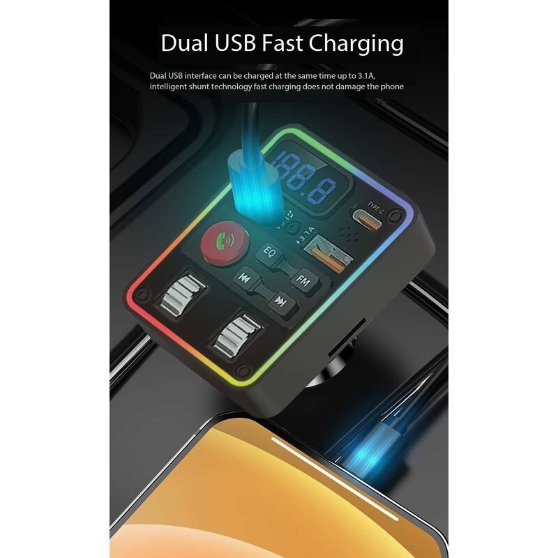 FM Transmitter - Manufacturer Q52 BT 5.3 MP3 Car Charger 15W Type-C Port TF Card