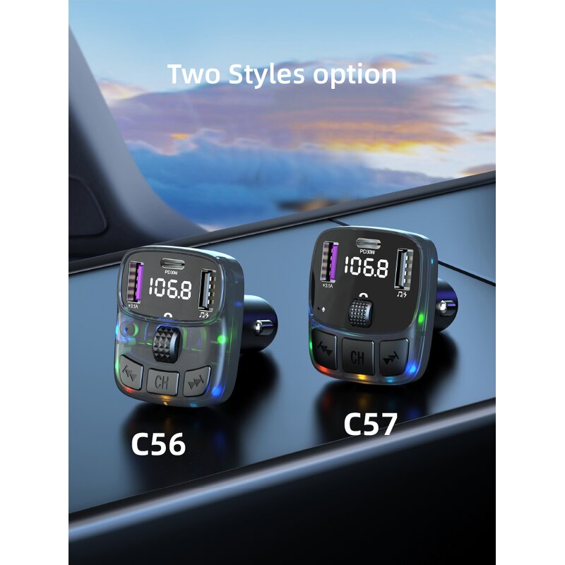 FM Transmitter - Manufacturer C56 BT 5.3 PD Type C Dual USB Colorful Ambient Light