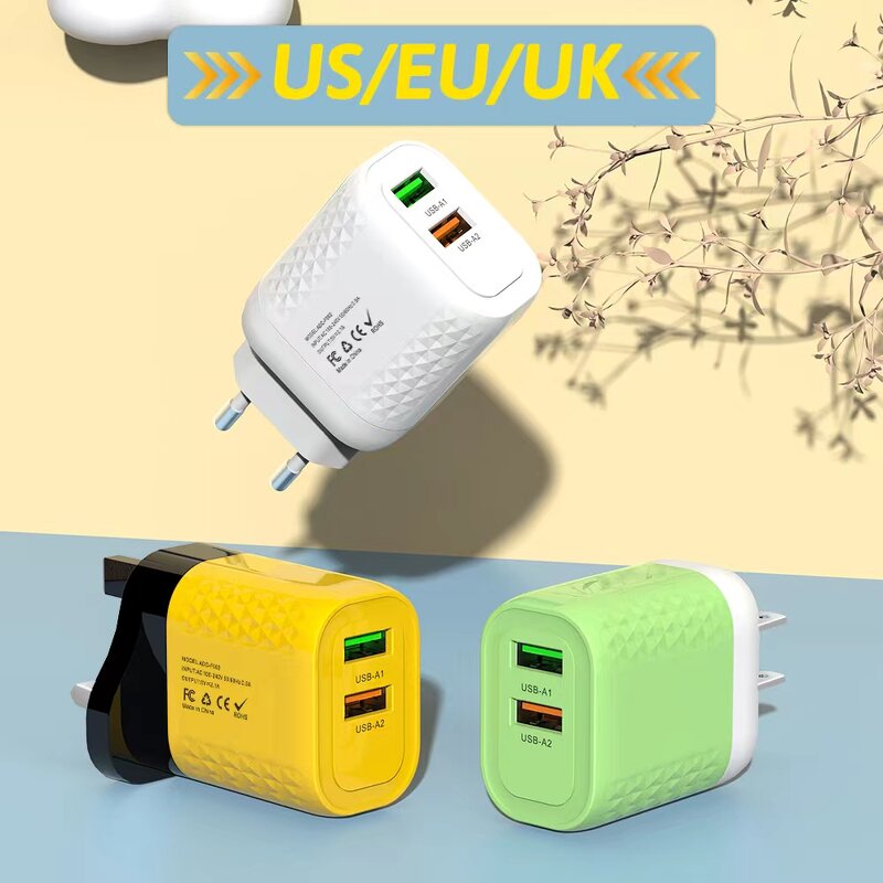 Wall Charger - Manufacturer Dual Ports 2 USB US EU UK 12W 5V 2.4A Travel