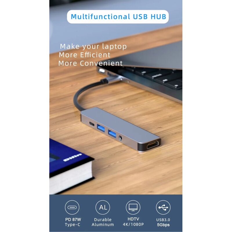 Type-C Hub - Manufacturer 5-in-1 Aluminium Alloy USB 3.0 4K HDTV 3.5mm Audio