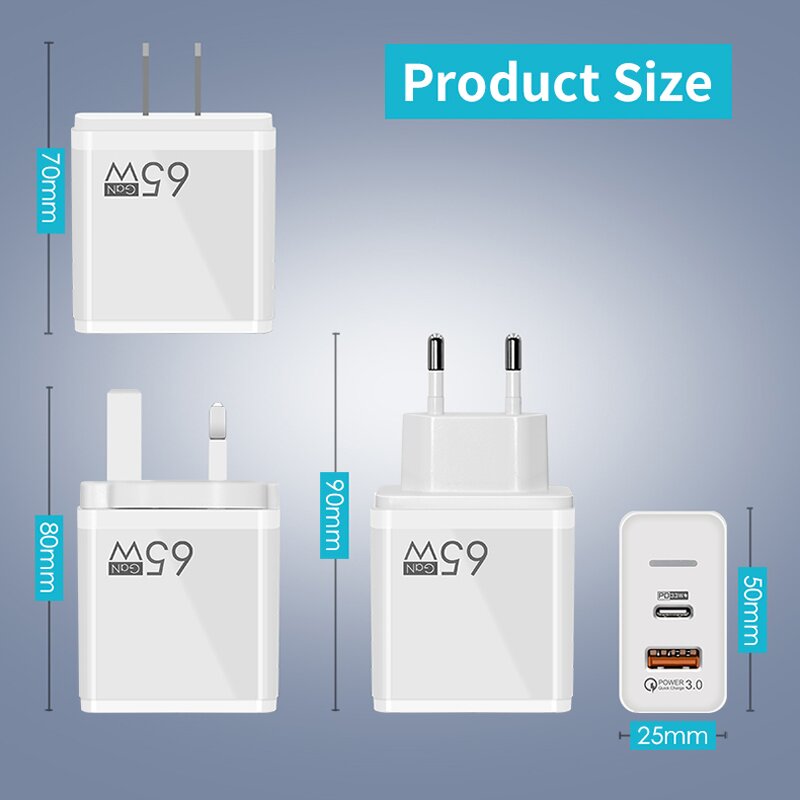 Wall Charger - Manufacturer 20W/48w/65w AU US UK Plug USB&USB-C QC3.0