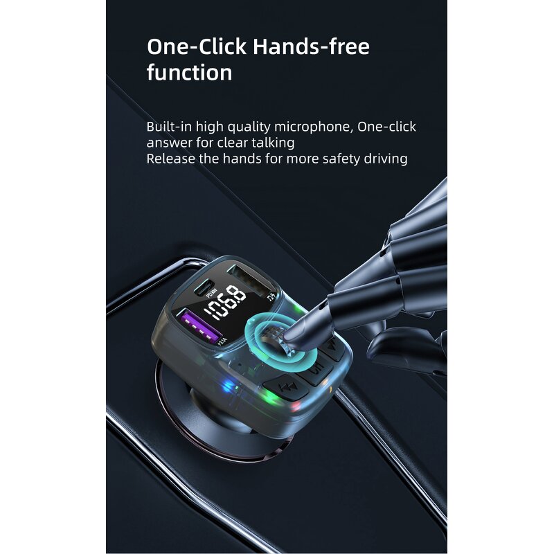 FM Transmitter - Manufacturer C56 BT 5.3 PD Type C Dual USB Colorful Ambient Light