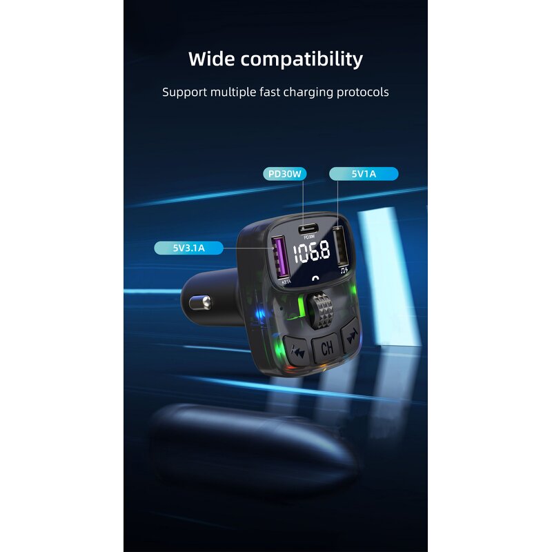 FM Transmitter - Manufacturer C56 BT 5.3 PD Type C Dual USB Colorful Ambient Light
