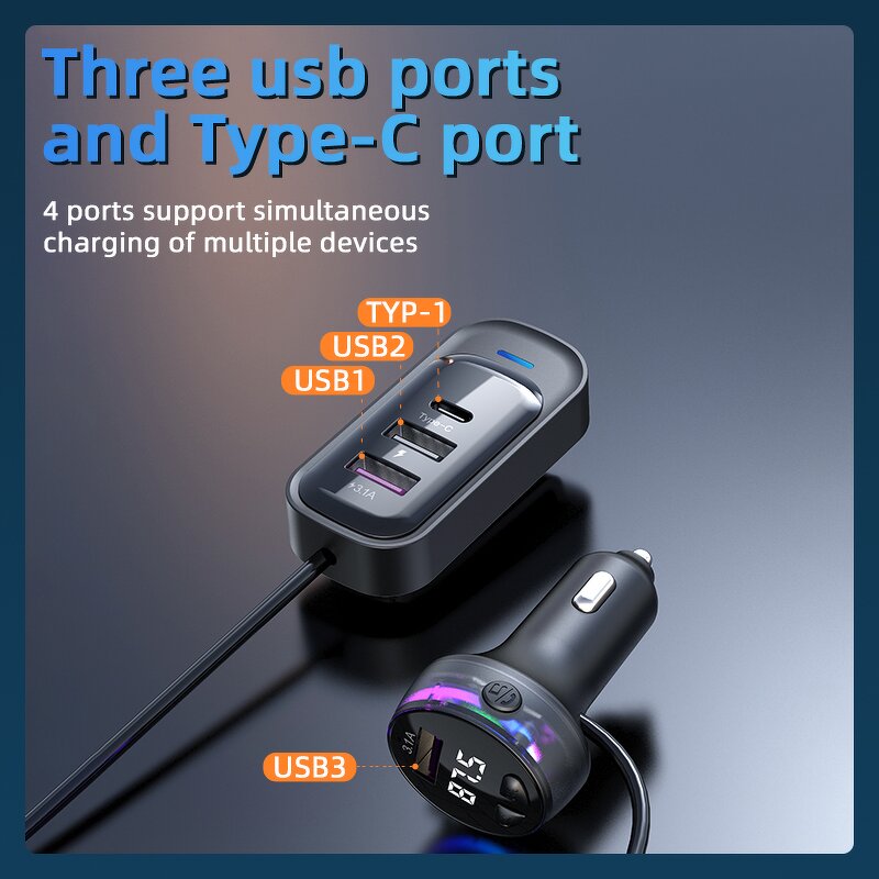 FM Transmitter - Manufacturer CS8 BT 5.3 15W Wireless 4 Ports PD Type-C USB 3.1A