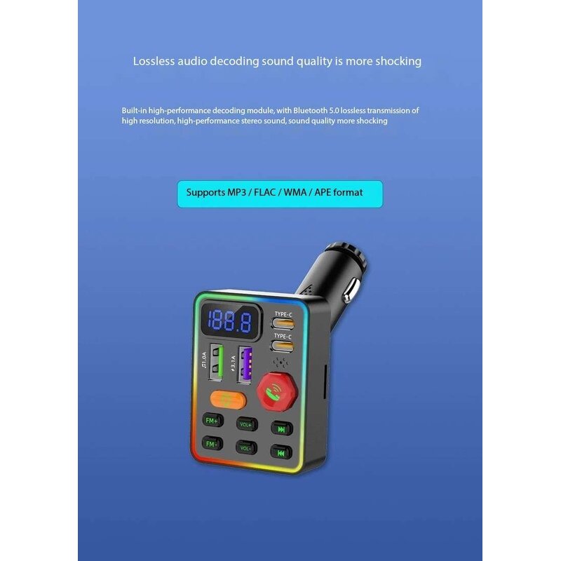FM Transmitter - Manufacturer Q53 BT 5.3 MP3 Car Charger 15W Type-C Port TF Card