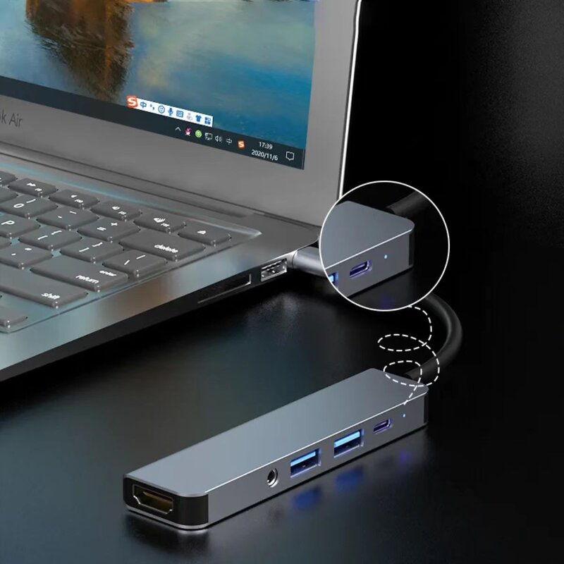 Type-C Hub - Manufacturer 5-in-1 Aluminium Alloy USB 3.0 4K HDTV 3.5mm Audio