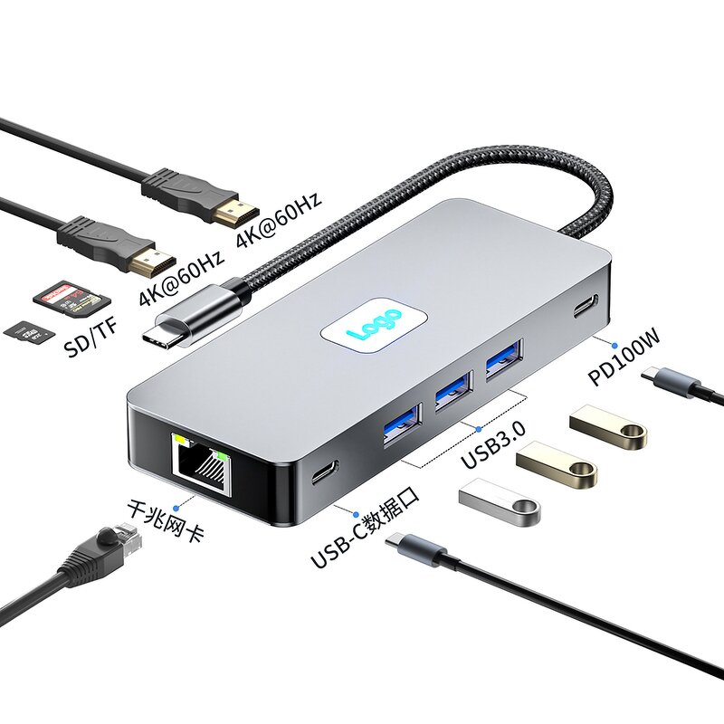 TYPE-C Hub - Manufacturer 10-in-1 3USB 3.2 HDTV 4K RJ45 1000M PD 100W