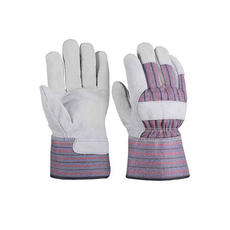 Welding Gloves Manufacturer - Striped Cloth Full Palm Cowhide Labor Protection Comfortable Two-layer Half Leather
