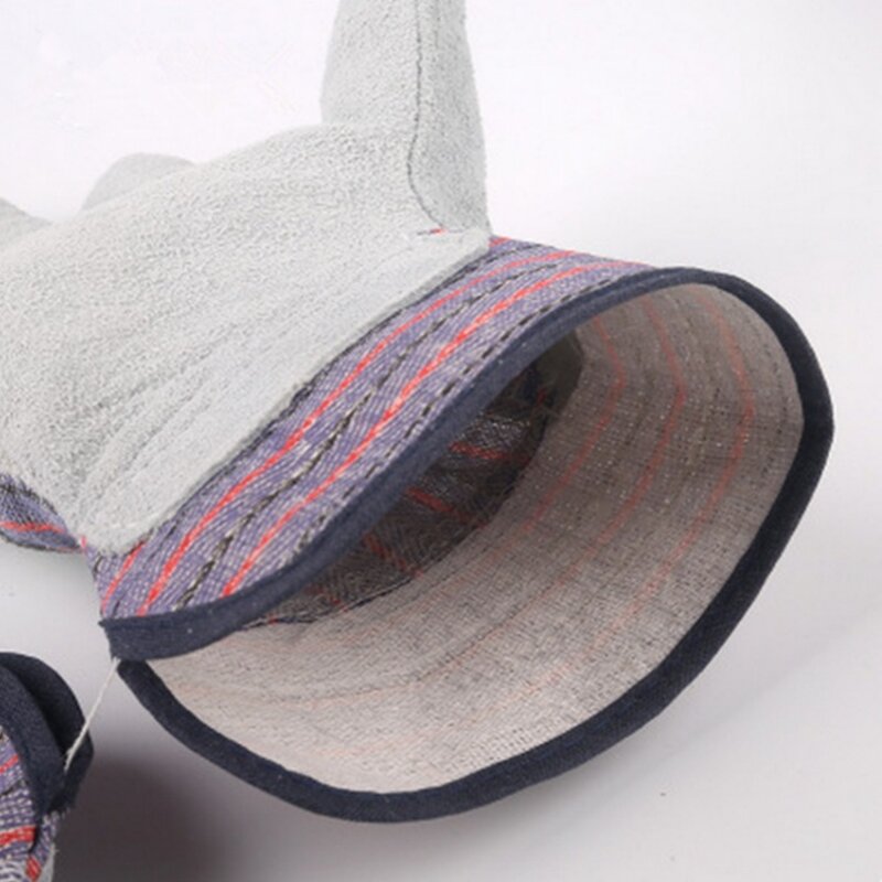 Welding Gloves Manufacturer - Striped Cloth Full Palm Cowhide Labor Protection Comfortable Two-layer Half Leather
