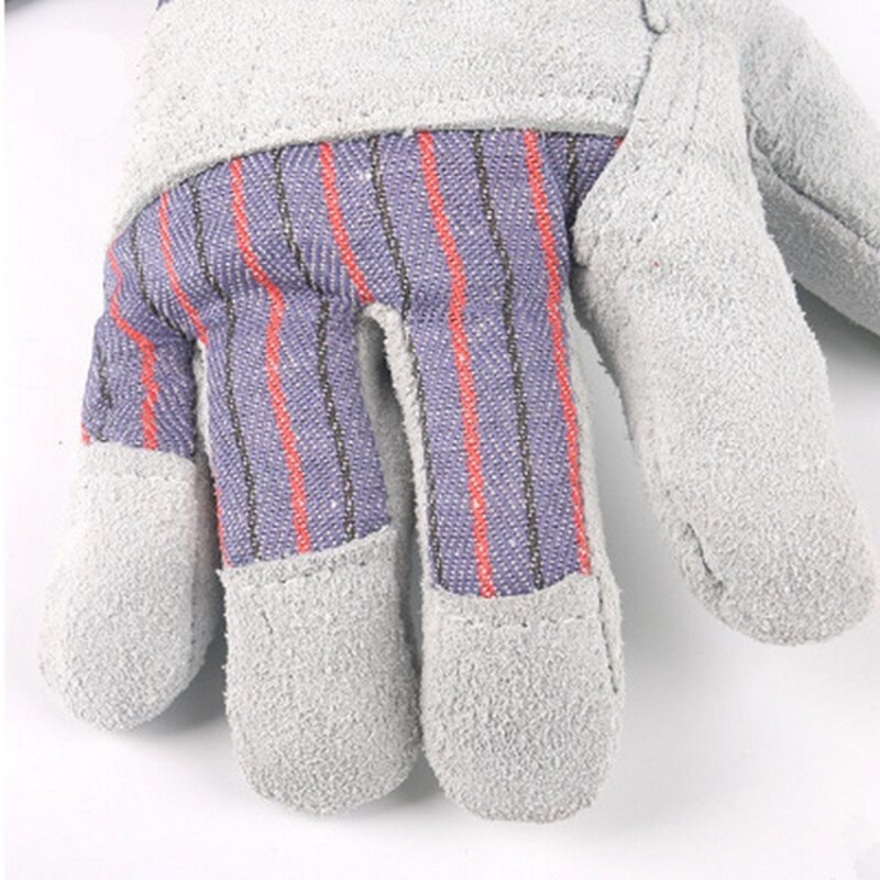 Welding Gloves Manufacturer - Striped Cloth Full Palm Cowhide Labor Protection Comfortable Two-layer Half Leather