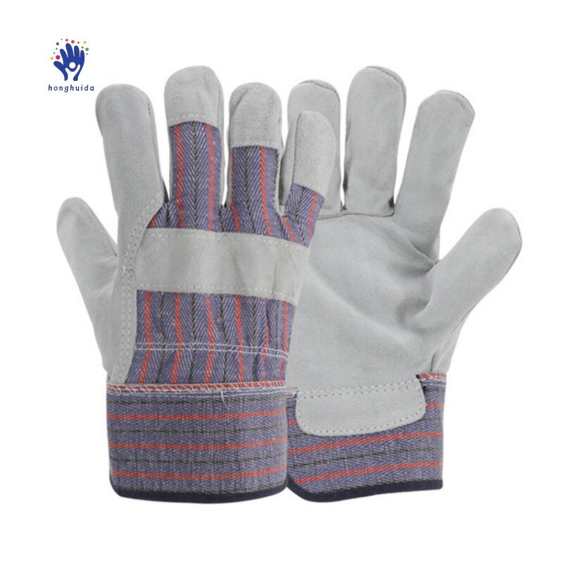 Welding Gloves Manufacturer - Striped Cloth Full Palm Cowhide Labor Protection Comfortable Two-layer Half Leather
