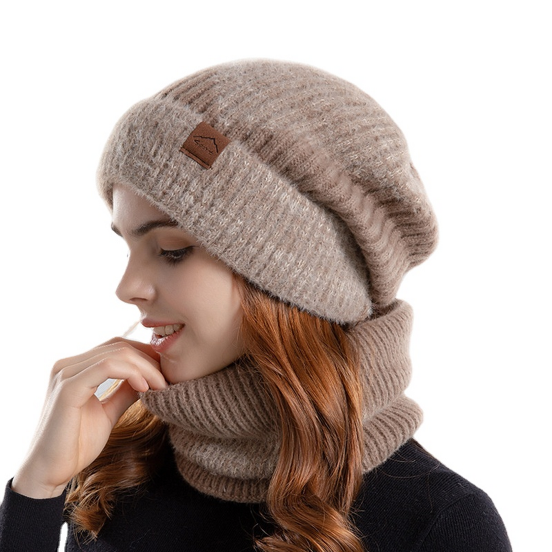 Knitted Beanie Manufacturer - Winter Two-Color Two-Piece Women's Thickened Woolen Hat Fleece-Lined Ear Protection Scarf