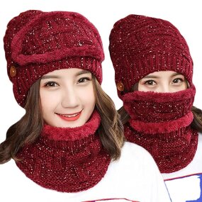 Ski Set Manufacturer - 2PCS Knitted Winter Warm Women Thicken Beanies and Ring Scarf Female Accessories Girls Gift
