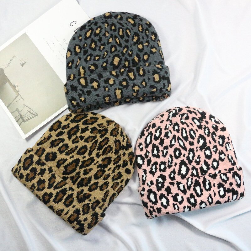 Winter Hats Manufacturer - Women Men Print Beanies Double Layers Thick Knitted Leopard Pattern Slouchy