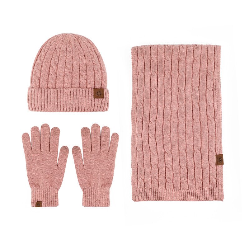 Winter Set Manufacturer - 2025 Unisex Three-Piece of Solid Color Warm Knitted Gloves and Beanie Customizable