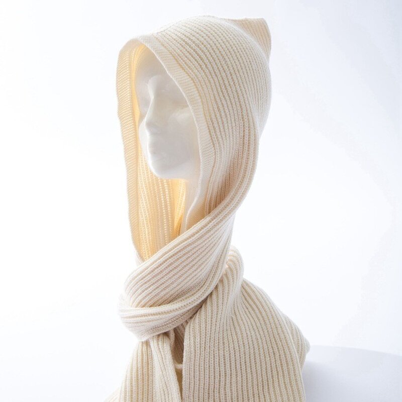 Knitted Hat Manufacturer - Women's Versatile Autumn Winter Warm with Integrated Korean Style Shawl Parent-Child Hooded