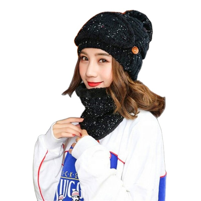 Ski Set Manufacturer - 2PCS Knitted Winter Warm Women Thicken Beanies and Ring Scarf Female Accessories Girls Gift