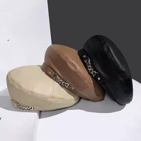 Beret Manufacturer - Female Retro Octagon Popular PU Leather Painter Hat Fashion Chain Design