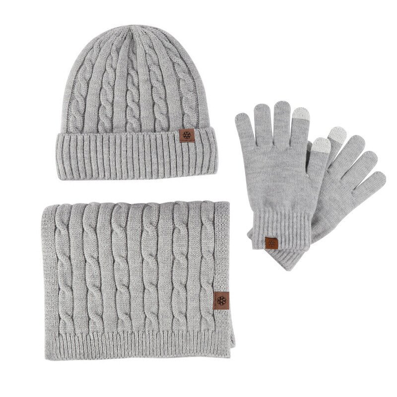 Winter Set Manufacturer - 2025 Unisex Three-Piece of Solid Color Warm Knitted Gloves and Beanie Customizable