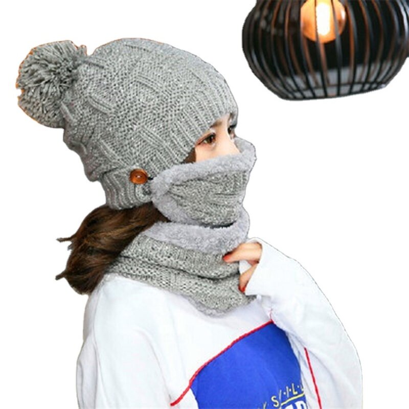 Ski Set Manufacturer - 2PCS Knitted Winter Warm Women Thicken Beanies and Ring Scarf Female Accessories Girls Gift