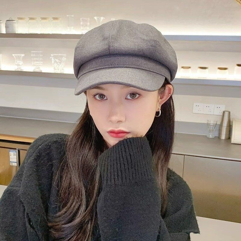 Beret Hat Manufacturer - Solid Color Korean Version Duck Tongue Spring and Autumn Trendy Women's Casual Visor Octagonal