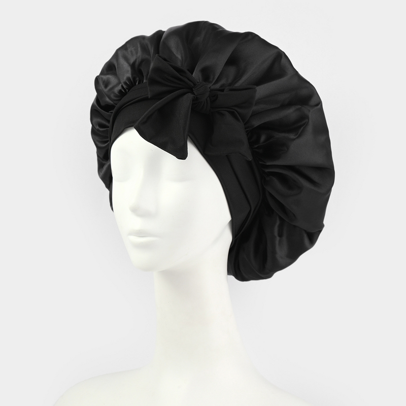 Women's Sleep Hat Manufacturer - Elastic Satin Nightcap with Bow Ribbon Beauty Hair Care Made Silk for Ski Scenes