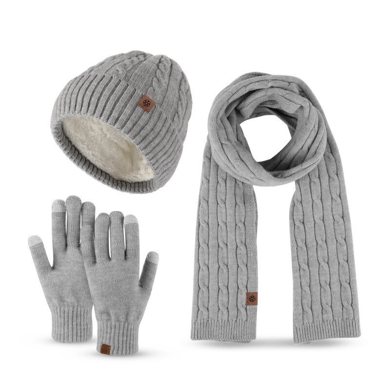 Winter Set Manufacturer - 2025 Unisex Three-Piece of Solid Color Warm Knitted Gloves and Beanie Customizable
