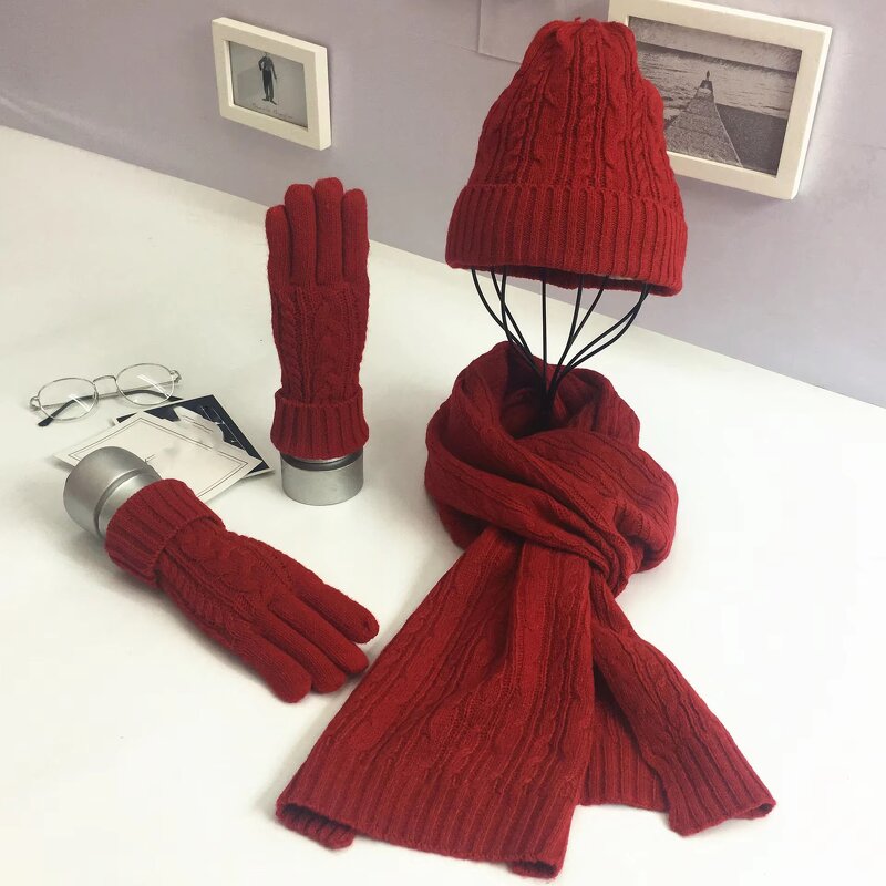 Winter Set Manufacturer - Autumn and Winter Three-Piece Classic Twist Warm Hat Scarf Glove Set Embroidered Square