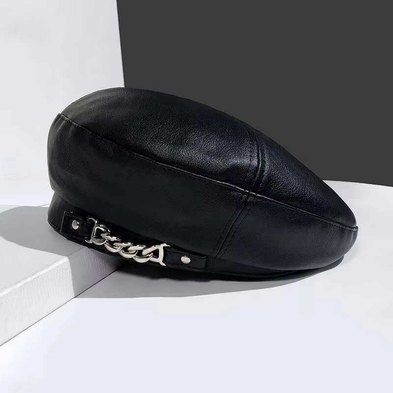 Beret Manufacturer - Female Retro Octagon Popular PU Leather Painter Hat Fashion Chain Design