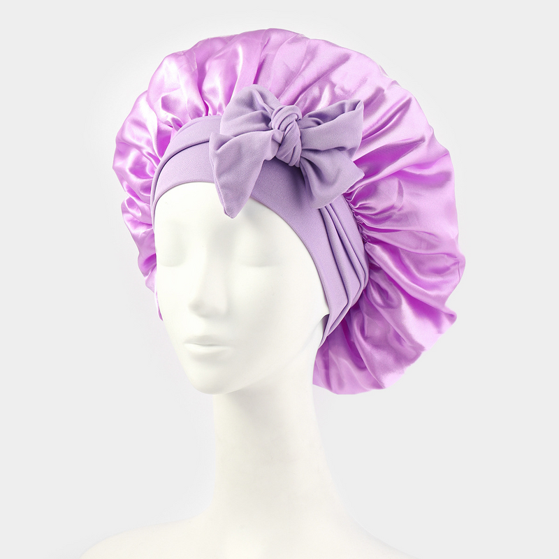 Women's Sleep Hat Manufacturer - Elastic Satin Nightcap with Bow Ribbon Beauty Hair Care Made Silk for Ski Scenes