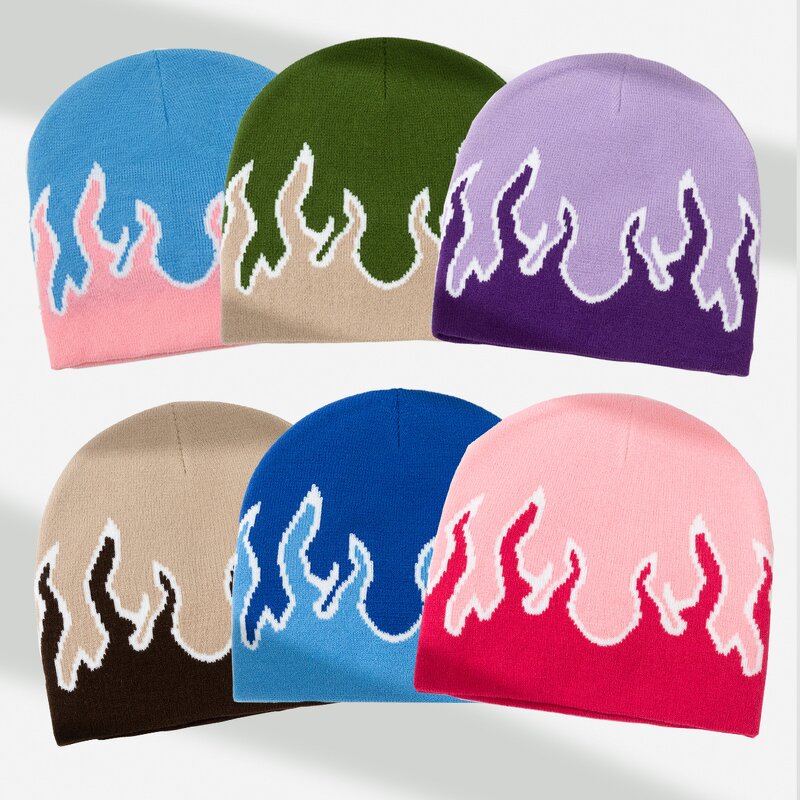 Beanie Manufacturer - Custom Jacquard Fire Flame Baggy Slouchy Knit Rock Punk Hip Pop Ski Hat Digital Printing for Travel
