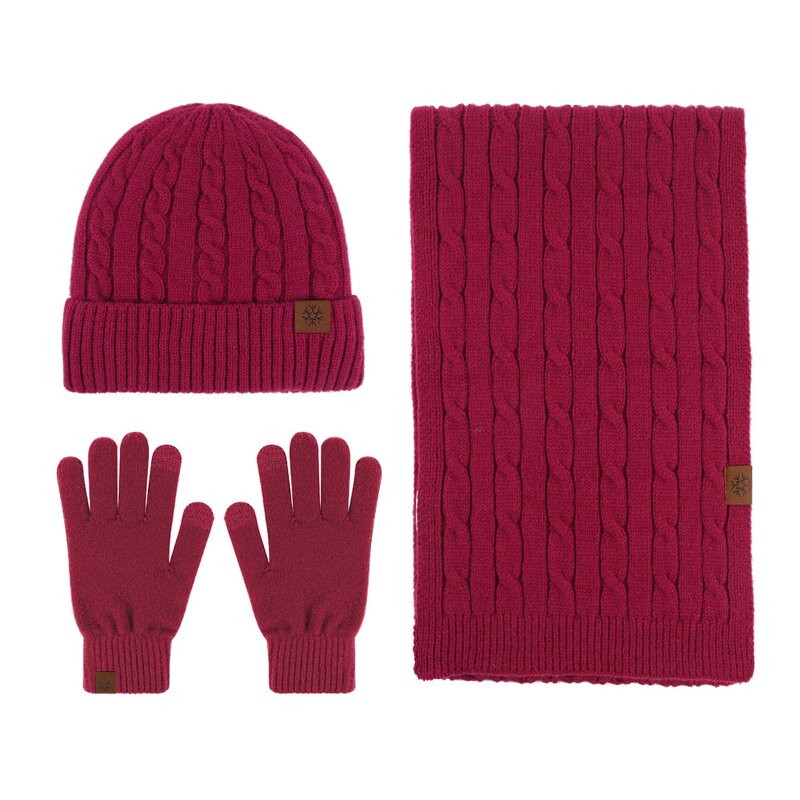 Winter Set Manufacturer - 2025 Unisex Three-Piece Winter Warm Solid Color Knitted Scarf Gloves and Customizable Beanie
