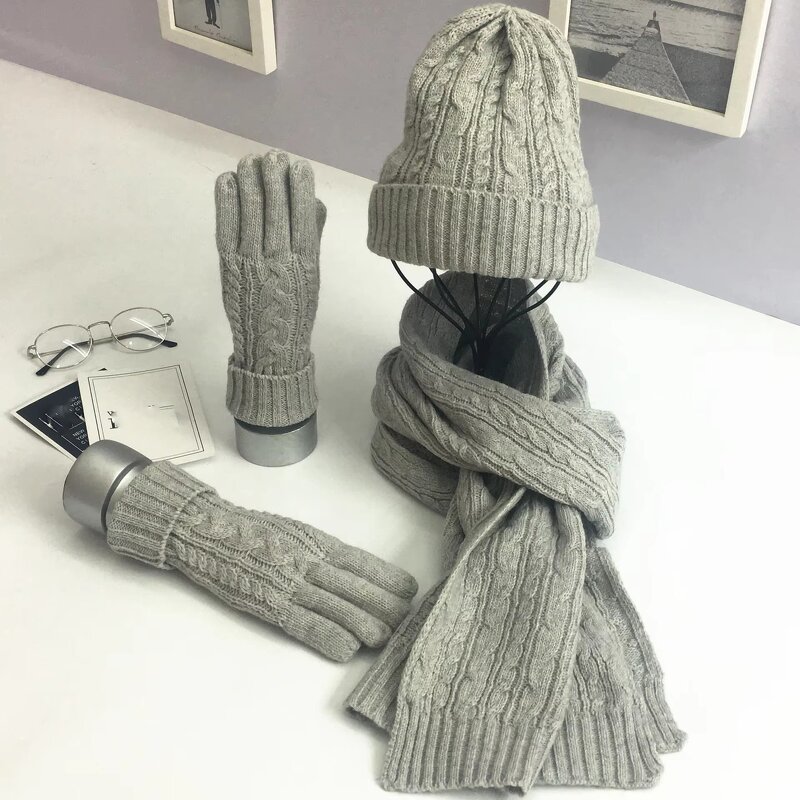 Winter Set Manufacturer - Autumn and Winter Three-Piece Classic Twist Warm Hat Scarf Glove Set Embroidered Square