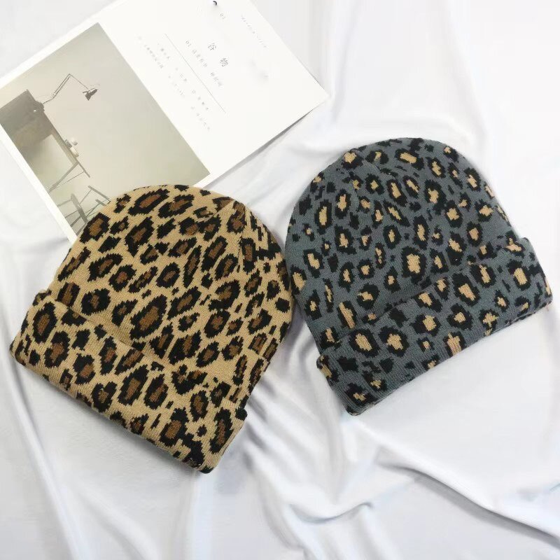 Winter Hats Manufacturer - Women Men Print Beanies Double Layers Thick Knitted Leopard Pattern Slouchy